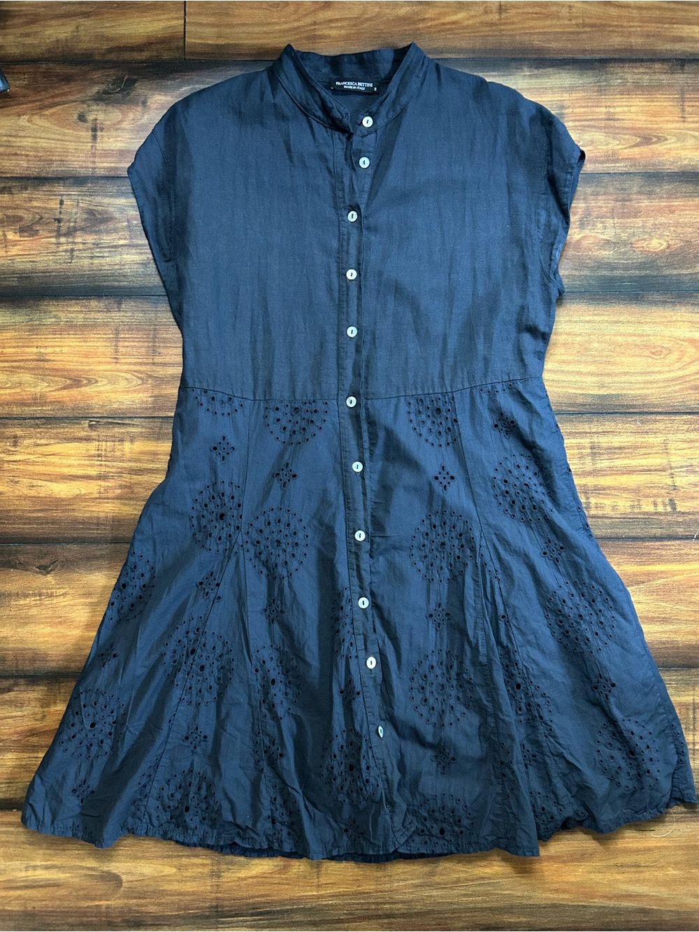 Francesca Bettini Button-Front Navy Eyelet Dress Italy Made Sz Small